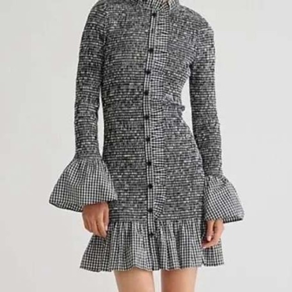 J Crew Smocked Gingham Mini Dress Cottagecore Coquette Bell Sleeve Mock Neck L